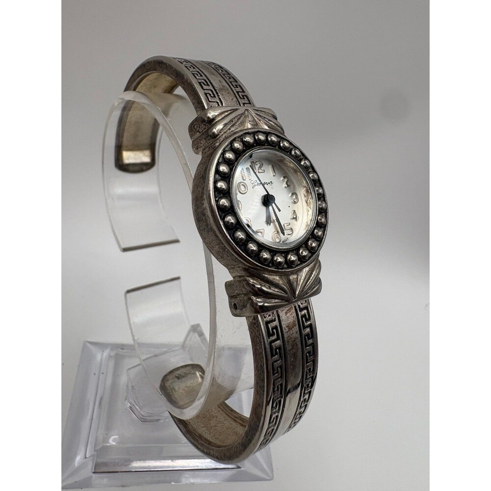 Geneva Cuff Bangle Watch No 6053 Silver Tone Greek Key Japan Movt